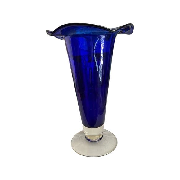Cobalt Blue Art Glass Trumpet Vase Clear Base 9” Tall - Picture 2 of 8